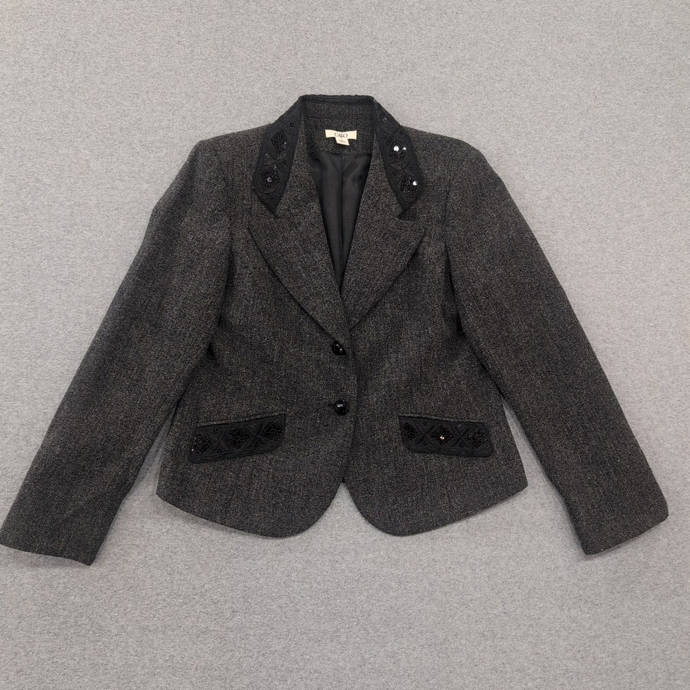 CATO Women's Gray Tweed Blazer‎ Jacket Embellished Collar Pockets Size 14